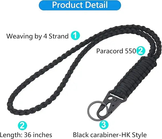 Parachute Cord DIY Braided Belt Black Steel Buckle Mobile Phone Lanyard for Camping Bike Riding Field Outdoor Survival Keychain