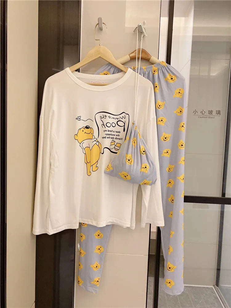 Pijama nuevo de Disney Donald Duck para mujer, conjunto de dos piezas de pantalones de manga larga de algodón de otoño, pijama de seda, conjunto de ropa de estar por casa para mujer