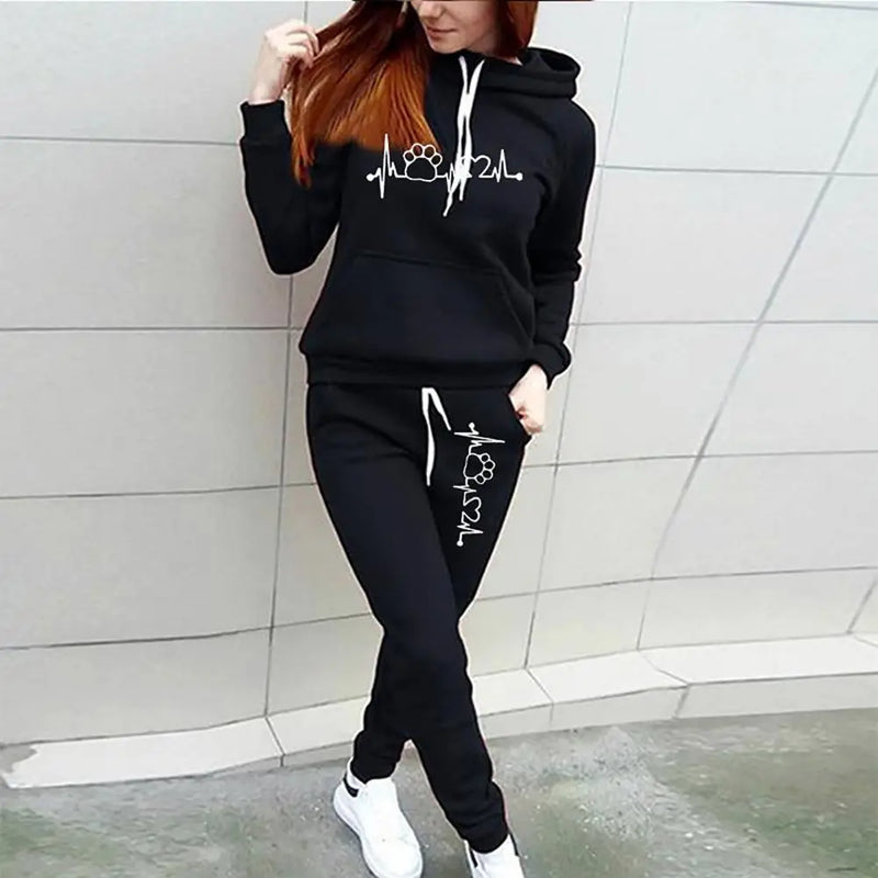 2Pcs/Set Trendy 3D Cutting Casual Tracksuit Pockets Lady Winter Heartbeat Print Slim Hoodie Sweatpants Set Cold Resistant