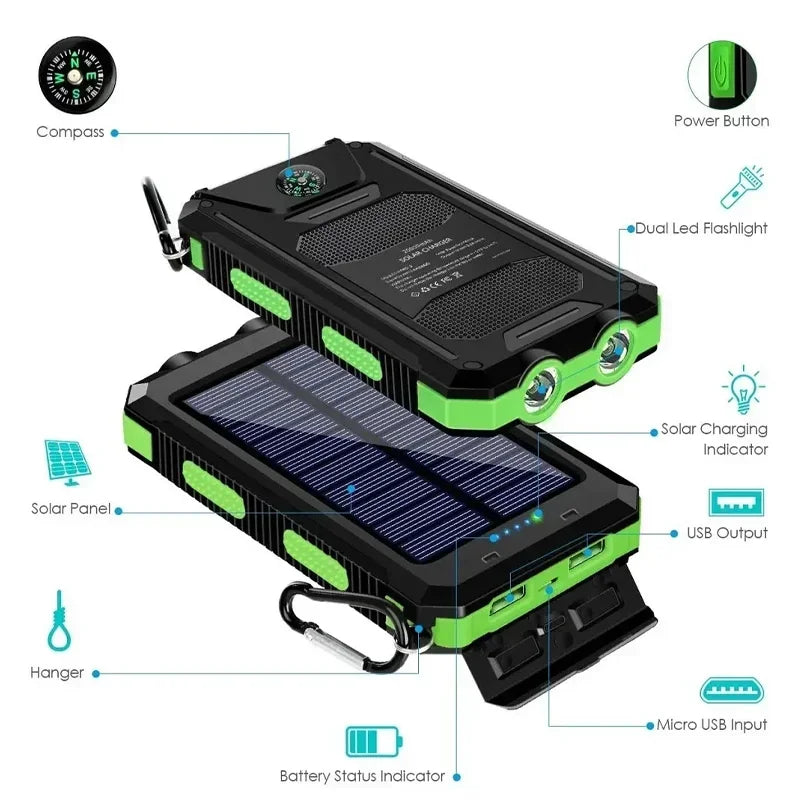 Banco de energía solar portátil de gran capacidad para exteriores, 20000 mAh, resistente al agua, carga súper rápida, linterna portátil para iOS y Android