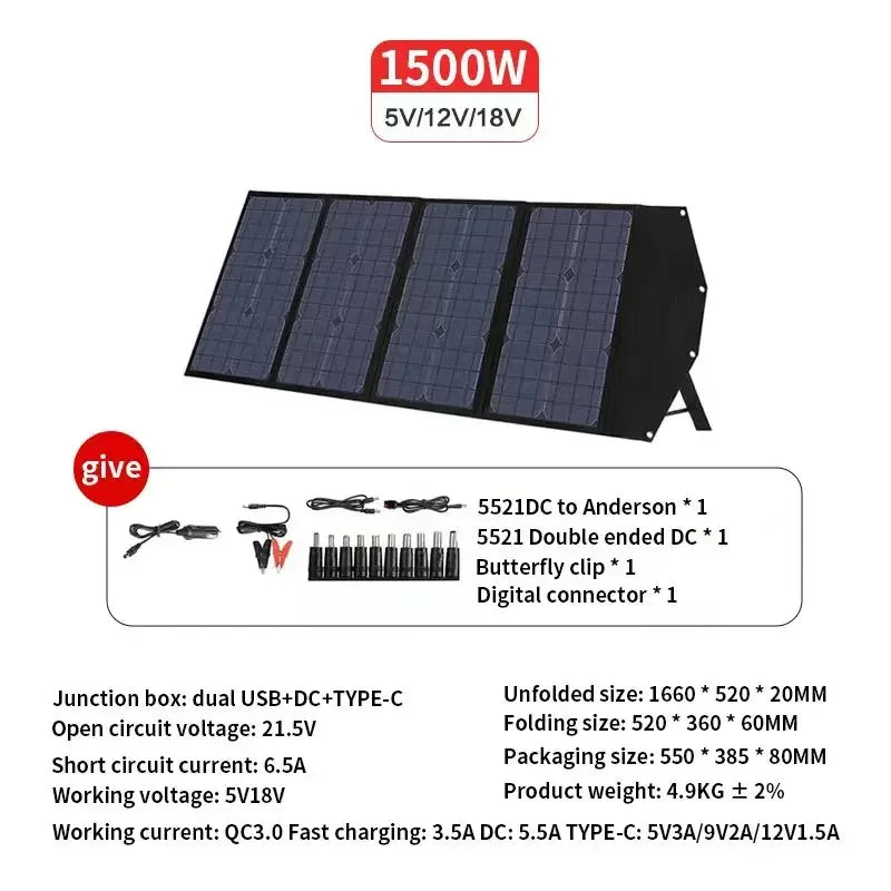 Panel solar plegable flexible de alta eficiencia para viajes, teléfonos y embarcaciones, kit de panel solar portátil de 12 V, 2000 W, 1500 W, 1000 W y 500 W