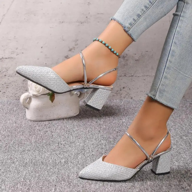 Gold Silver Bling High Heel Pumps Women Fashion Back Strap Slip-On Party Shoes Woman Pointed Toe Slingbacks Thick-Heeled Shoes