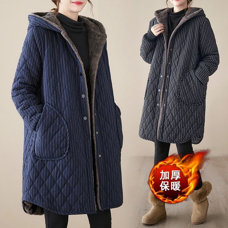 Chaquetas de invierno casuales 2023, abrigos acolchados gruesos con capucha a rayas, ropa de mujer, parkas largas de gran tamaño, abrigos de algodón de invierno