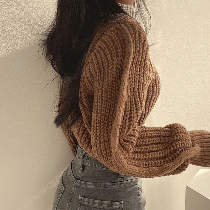 Pink Cropped Knitted Sweaters for Women 2024 Korean Fashion Loose Long Sleeve Jersey Woman Solid Color Wild Round Neck Pullover