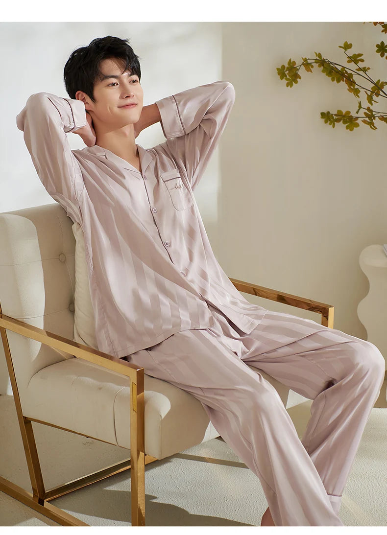 Men Silk Satin Nightwear Suit Spring Autumn Striped Long Sleeve Pajamas Casual Cardigan Homewear Big Yards M-3XL Pijamas Hombre