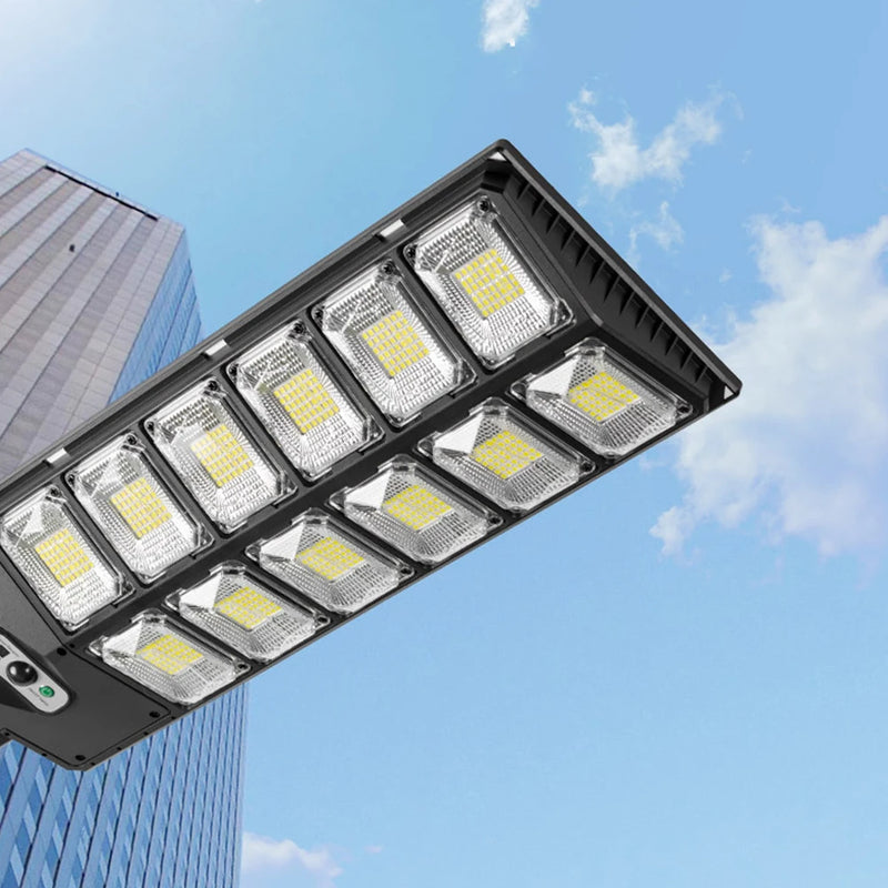 Luces solares potentes para exteriores de 12 cabezales, 504 LED, 3 modos, lámparas de panel solar, control remoto, lámpara de calle para jardín a prueba de agua