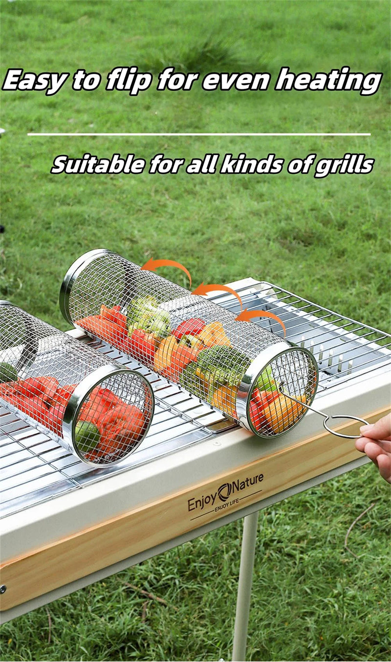 BBQ Basket Stainless Steel Rolling Grilling Basket Wire Mesh Cylinder Grill Basket Portable Round Outdoor Camping Barbecue Rack