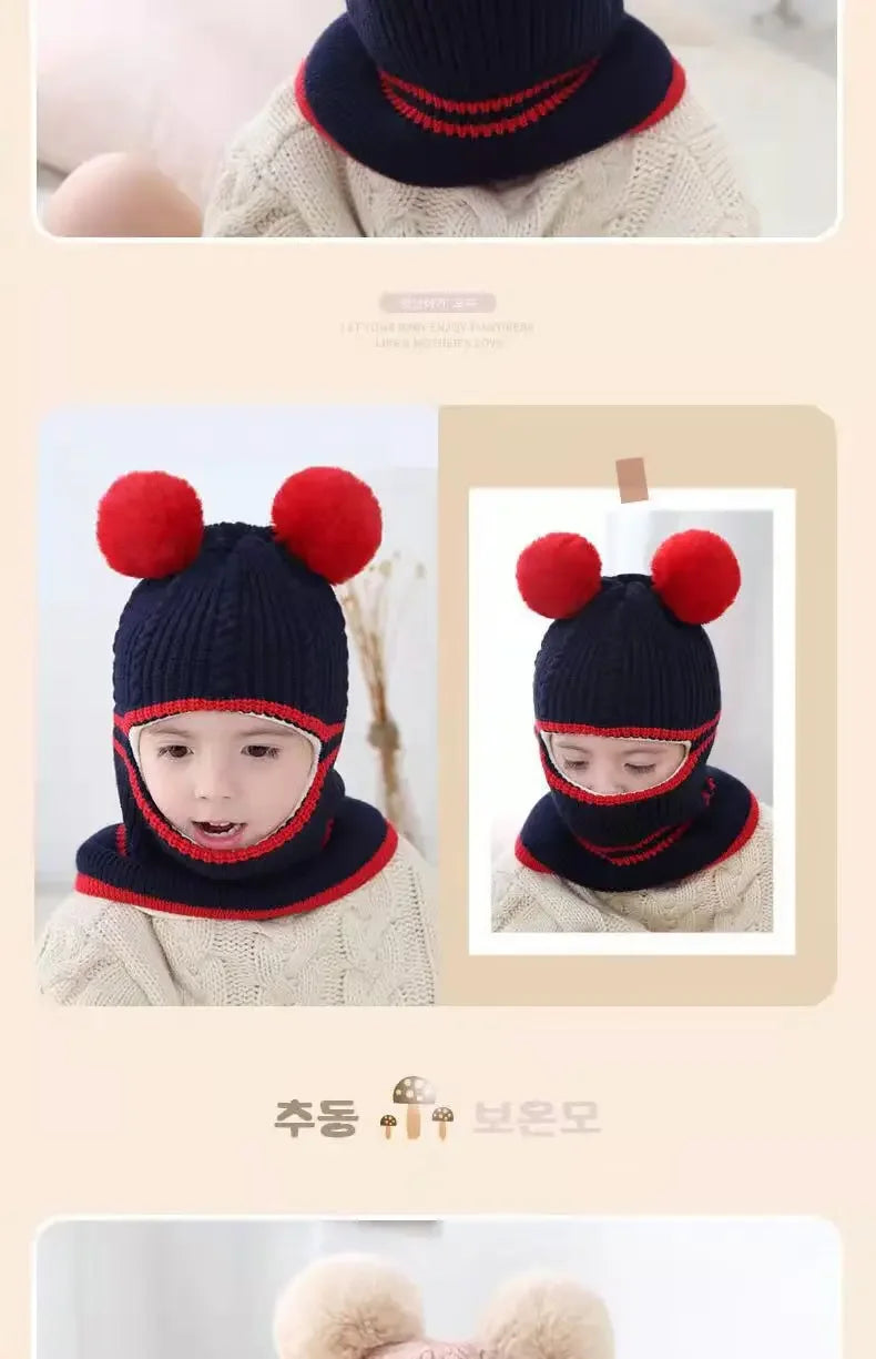 Gorro de invierno para bebé de 2 a 5 años, bufanda, gorro de punto con pompón de una pieza para niños, gorro cálido para el cuello para niñas y niños, gorros a prueba de viento, gorro para bebé