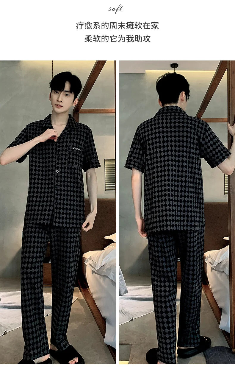 Letter Print Male Cotton Sleepwear Pajamas for Men Summer Thin Men's Pijama Hombre Sets pyjama homme Cardigan Pjs Big Size 4XL