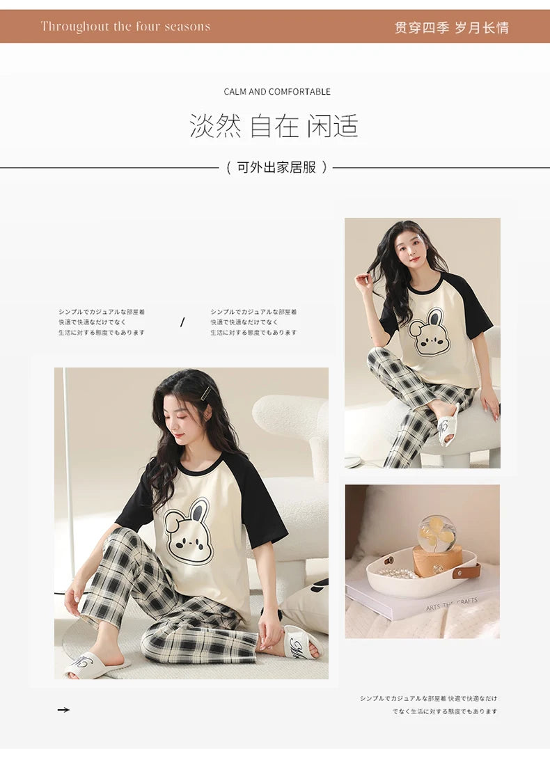 Big Size 5XL Pajama Sets Short Sleeved Cartoon Bear Knitted Pjs Plaid Sleepwear Elegant Women's Pajamas Lounge Home Pijama Mujer