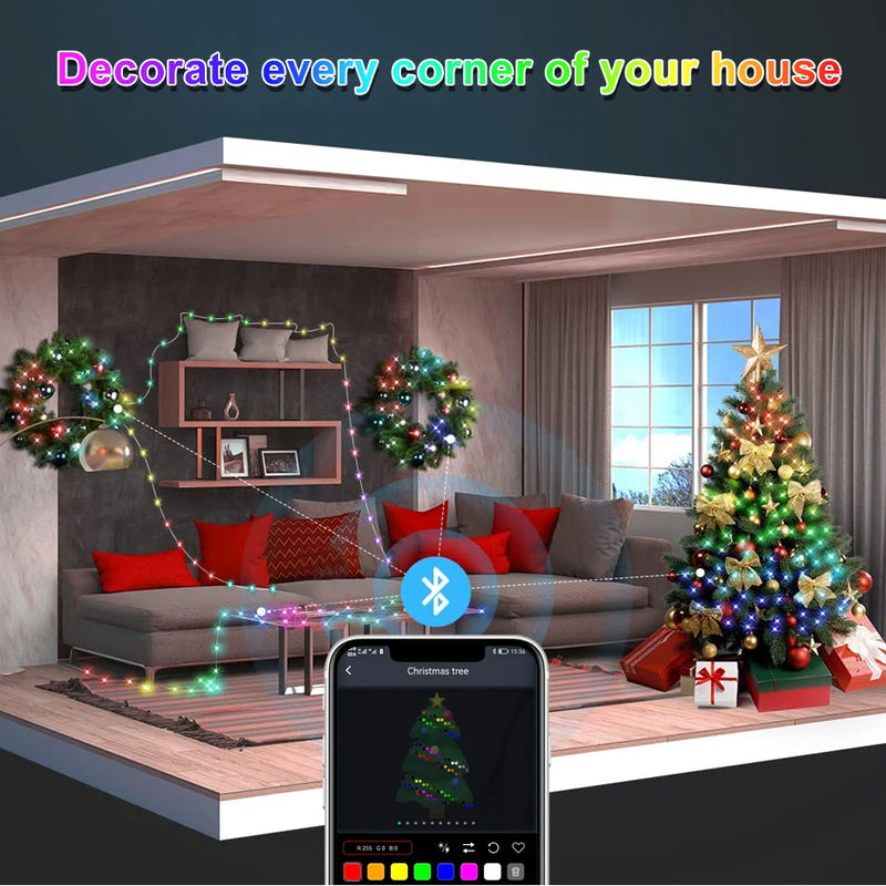 Waterproof Smart RGBIC WS2812B Led String 20M 25M 50M Fairy Lights 5V USB 10LEDs/m Bluetooth Music Sync Holiday Room Party Decor