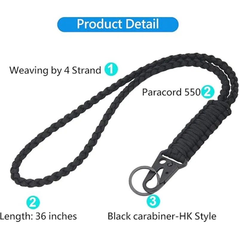 Parachute Cord DIY Braided Belt Black Steel Buckle Mobile Phone Lanyard for Camping Bike Riding Field Outdoor Survival Keychain