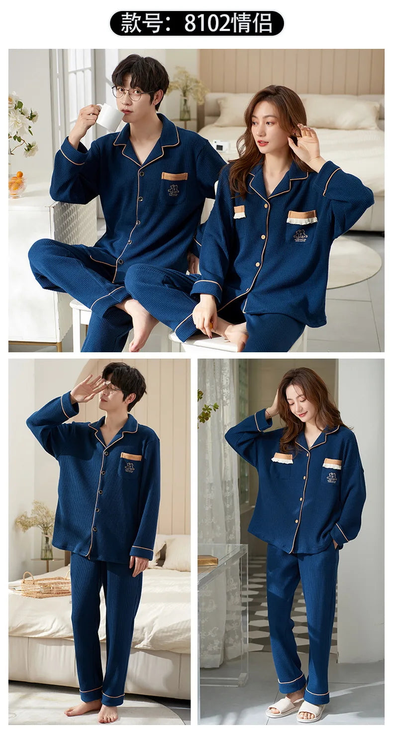 Cotton Sleepwear For Couples Korean Cardigan Men Pijamas Women Pajamas Set Long Sleep Tops Pant Nightwear Pjs pareja hombre