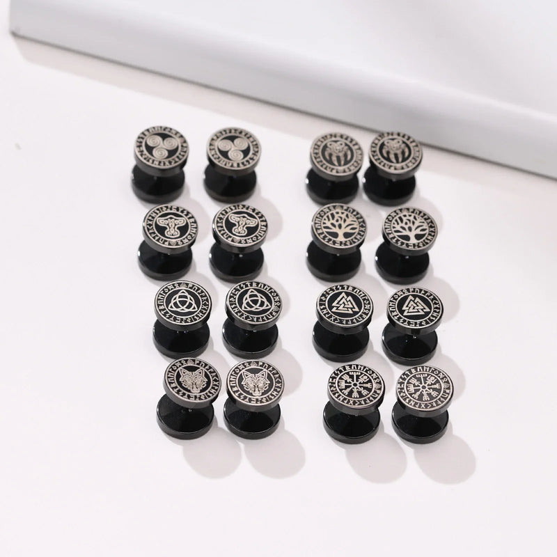 Gothic Norse Viking Runes Stud Earrings for Men Boys Rock Punk Stainless Steel Wolf Head Compass Celtic Knot Black Earrings