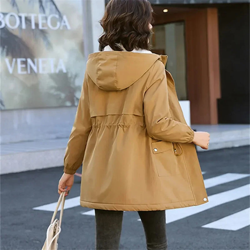 Abrigo de invierno de longitud media con capucha y forro polar para mujer, parka cálida, ropa de abrigo gruesa, chaquetas informales holgadas, gabardina, ropa de nieve, cortavientos