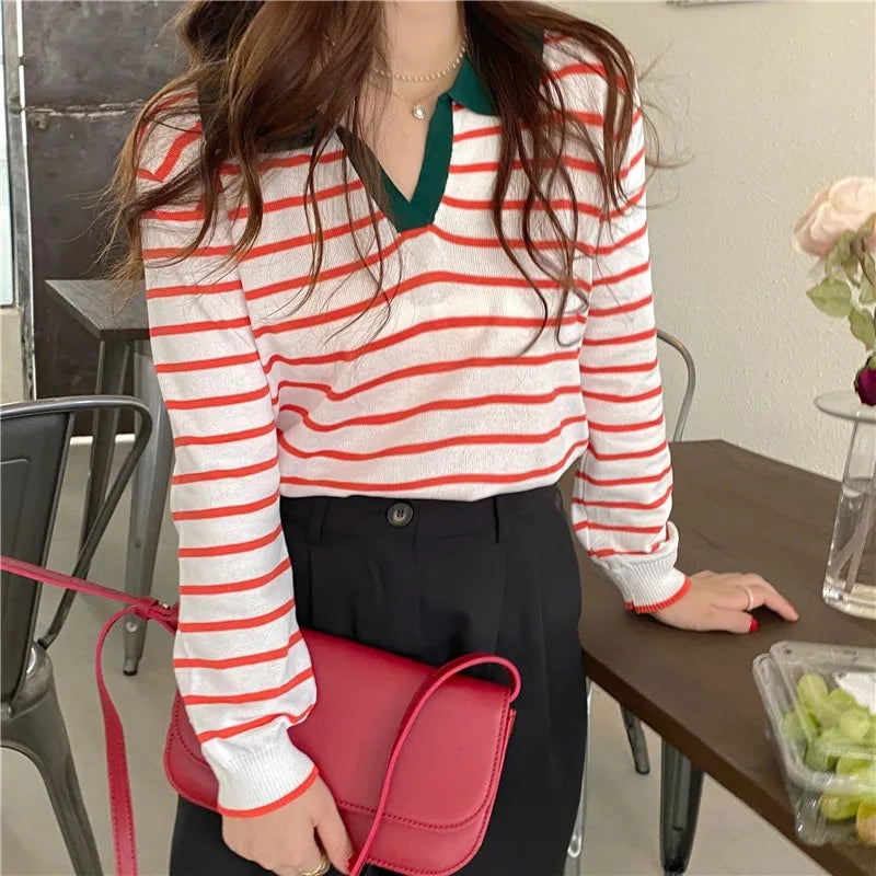 Spring Autumn Contrast Color Fashion Long Sleeve Sweater Women High Street Striped All-match Pullovers Female Casual Elegant Top