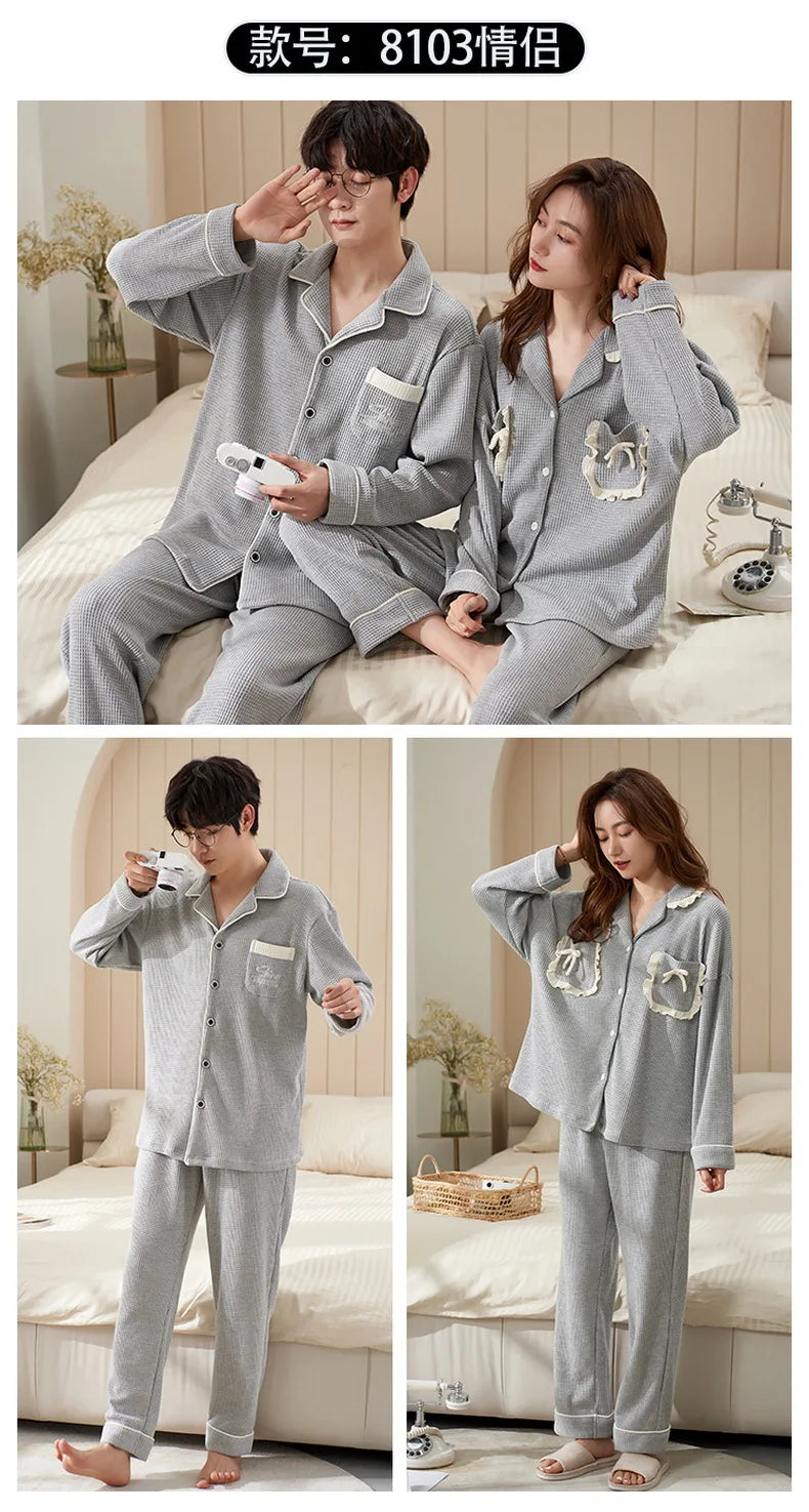 Cotton Sleepwear For Couples Korean Cardigan Men Pijamas Women Pajamas Set Long Sleep Tops Pant Nightwear Pjs pareja hombre