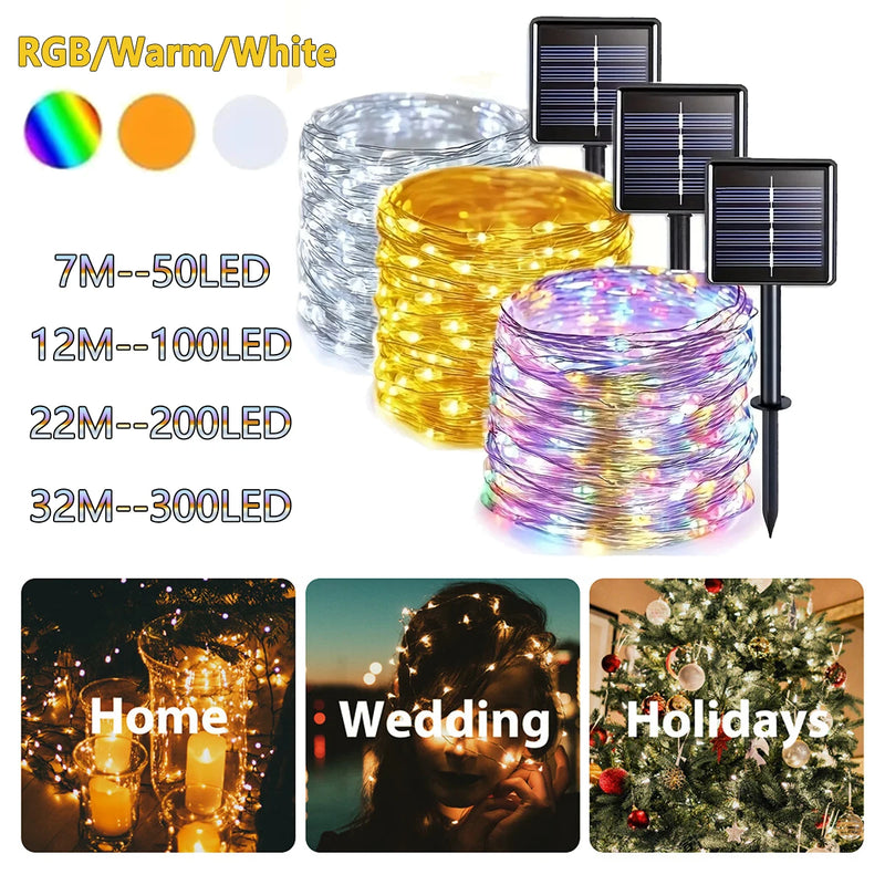 Guirnalda de luces LED solares para exteriores, 7 m, 22 m y 32 m, resistente al agua, para decoración de fiestas navideñas y fiestas