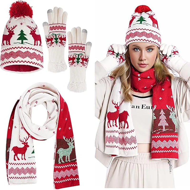 3 Pcs Christmas Hat Scarf Gloves Set Christmas Gifts Winter Christmas Knitted Elf Hat Santa Scarf for Party With Box