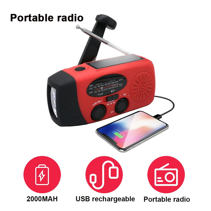 Radio de emergencia multiusos con manivela, solar, recargable por USB, portátil, radio FM, linterna con cargador de baterías para teléfono inteligente