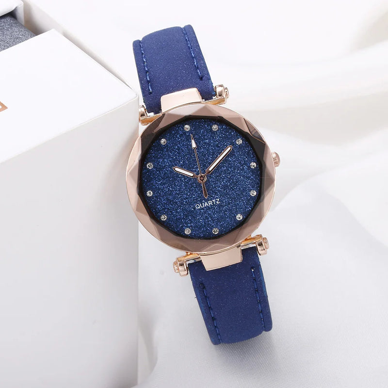 Round Face Rhinestone Star Sky Silver Pink Women for Watch Leisure Fashion Trend Frosted Belt Vintage Black Quartz Wristwatch