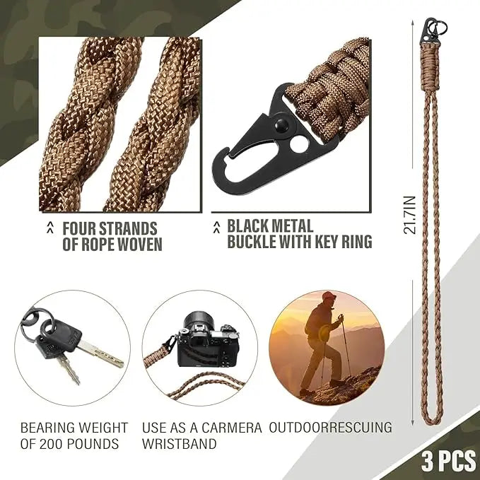 Parachute Cord DIY Braided Belt Black Steel Buckle Mobile Phone Lanyard for Camping Bike Riding Field Outdoor Survival Keychain