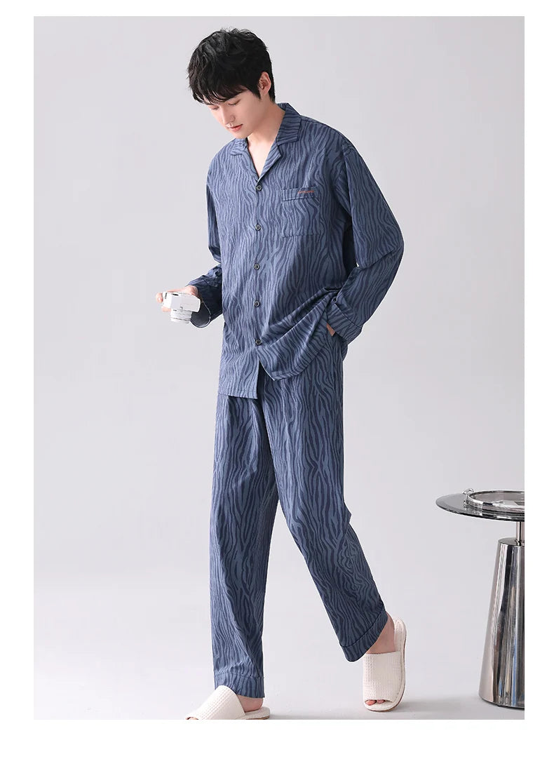 Conjuntos de pijamas para hombre, pijamas de algodón, cárdigan con botones para hombre, ropa de dormir, ropa de dormir de manga larga, chándal informal estampado, pijama para hombre