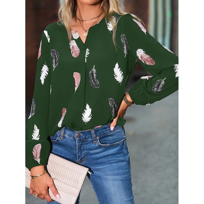 Fashion Woman Blouse Shirts For Women Stylish Top long Sleeve Feather Pattern Female Tops Elegant Chiffon Mujer Woman Clothes