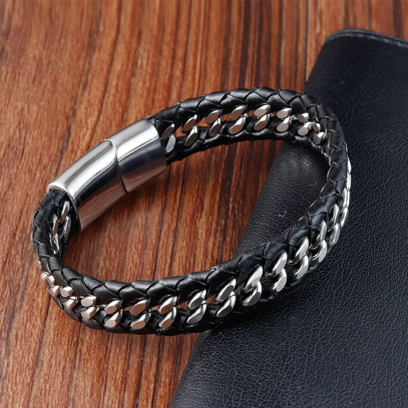 Braided Rope Woven Black Leather Men Bracelets Punk Style Stainless Steel Bangle for Friend Charm Fashion Jewelry Gifts