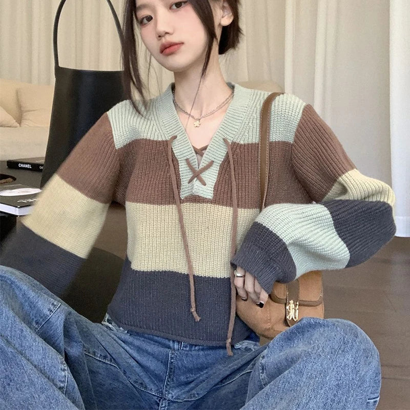 Biyaby Contrast Lace-Up V-Neck Sweater Ladies Preppy Style Basic Long Sleeve Knitted Pullovers Women 2023 Autumn Loose Knitwear