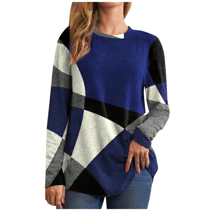 High-quality Trendy Women's Thin Geometric Contrast French Cashmere Long Sleeve Print Fashionable Loose Sweatshirt Comfortable