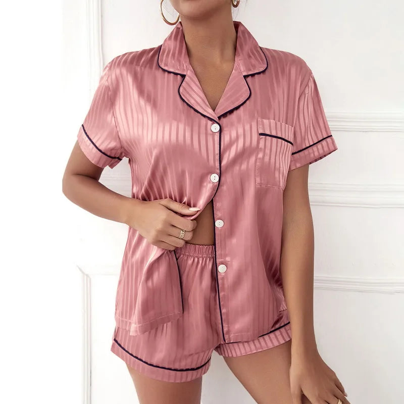 Women Sleepwear Summer Pajama Set  Turn Down Collar Faux Silk Satin Short Sleeve Top+Shorts Female Pijama Homewear Suit