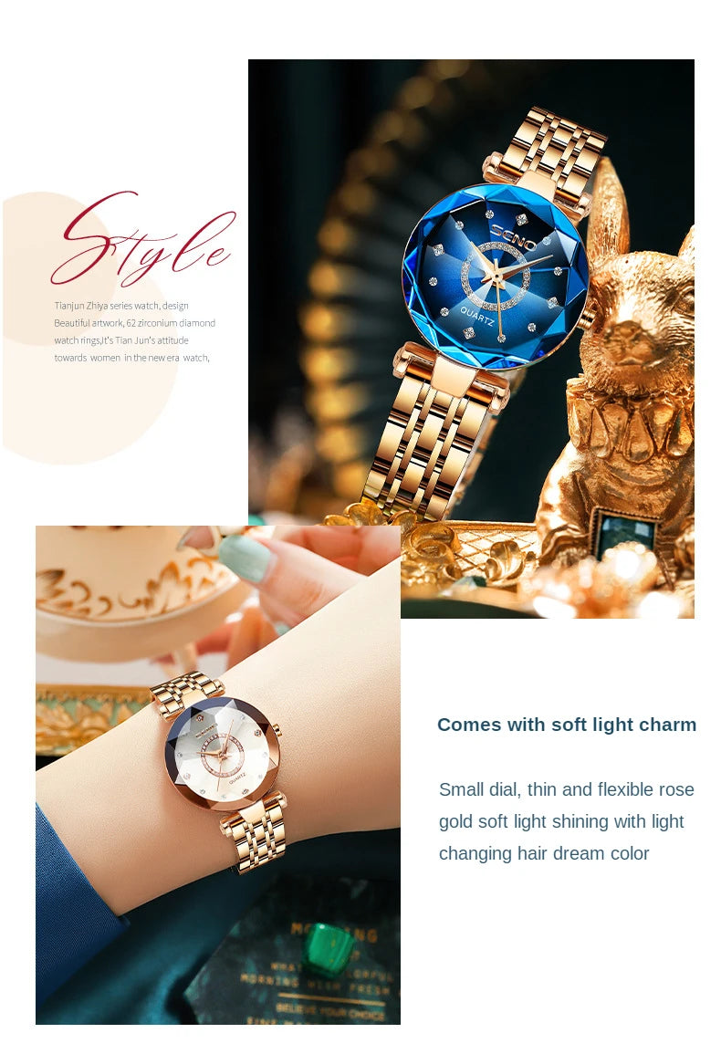 SENO Ocean Star Women Crystal Watch 2024 Top Brand Luxury Rose Gold Women Bracelet Watch for Ladies Wrist Watch Relogio Feminino