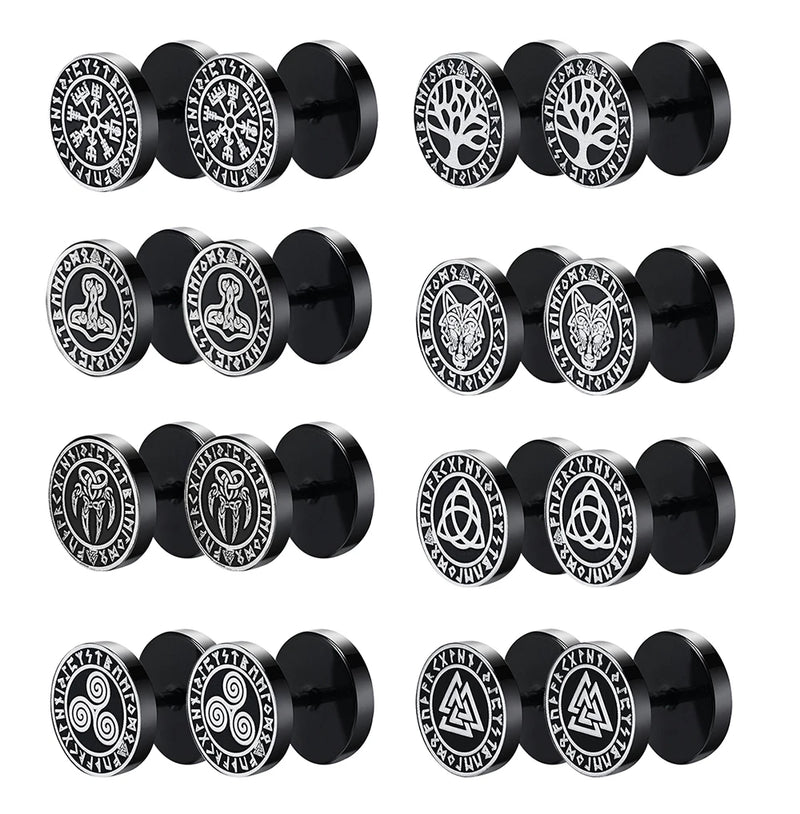 Gothic Norse Viking Runes Stud Earrings for Men Boys Rock Punk Stainless Steel Wolf Head Compass Celtic Knot Black Earrings