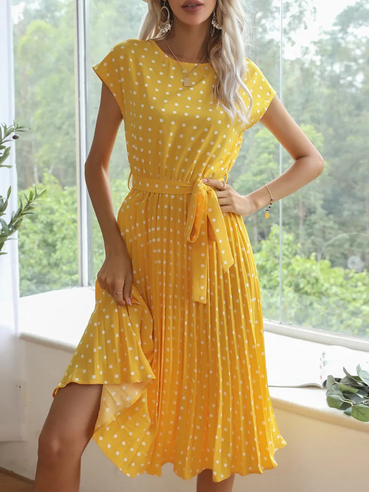 Benuynffy O-Neck Polka Dot Summer Dresses 2024 Cap Sleeve Women Knee Length Shirred Elegant Office Lady Belted A-Line Dress