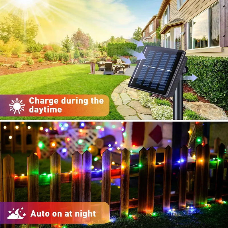 Guirnalda de luces LED solares para exteriores, 7 m, 22 m y 32 m, resistente al agua, para decoración de fiestas navideñas y fiestas