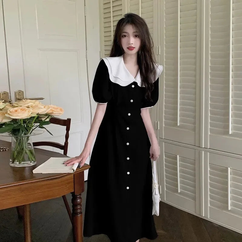 CGC Vintage Doll Collar Lolita Dress For Women 2023 Preppy Style Summer Black Long Dresses Korean Style Elegant Party Dresses