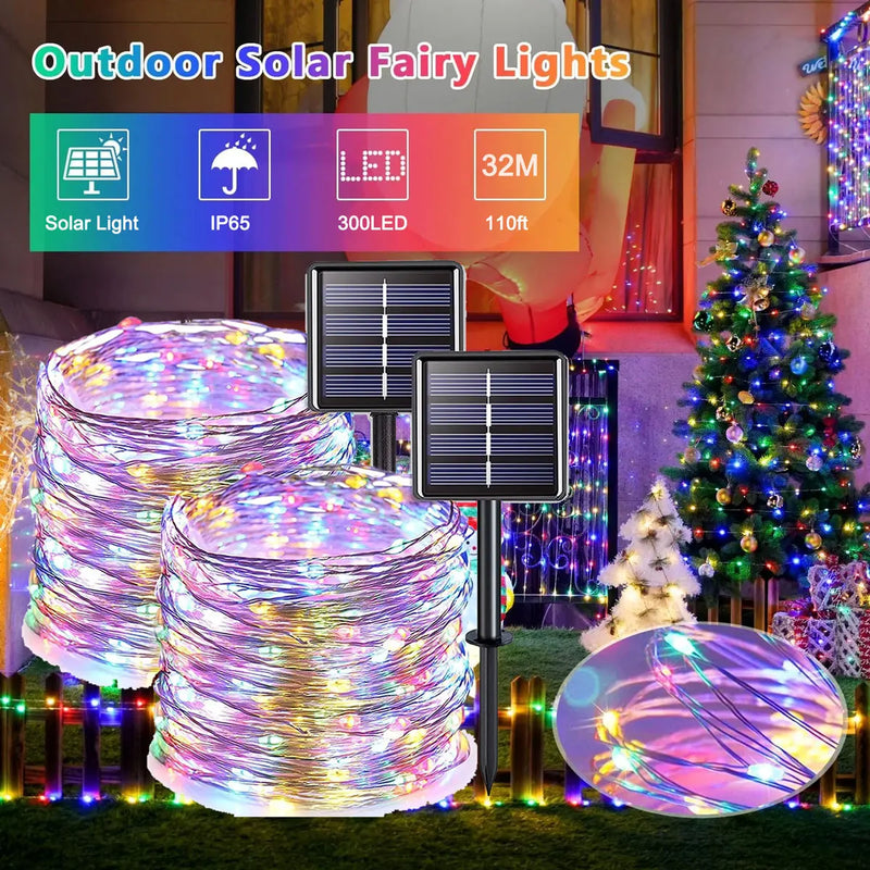 Guirnalda de luces LED solares para exteriores, 7 m, 22 m y 32 m, resistente al agua, para decoración de fiestas navideñas y fiestas