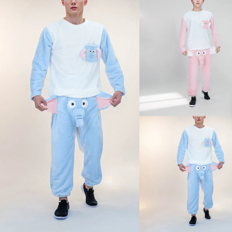 Funny Elephant Men Pajama Sleepwear Novelty Humorous Tops+Pants Two Piece Set Gift For Men Winter Warm Thickened Homewear Dress