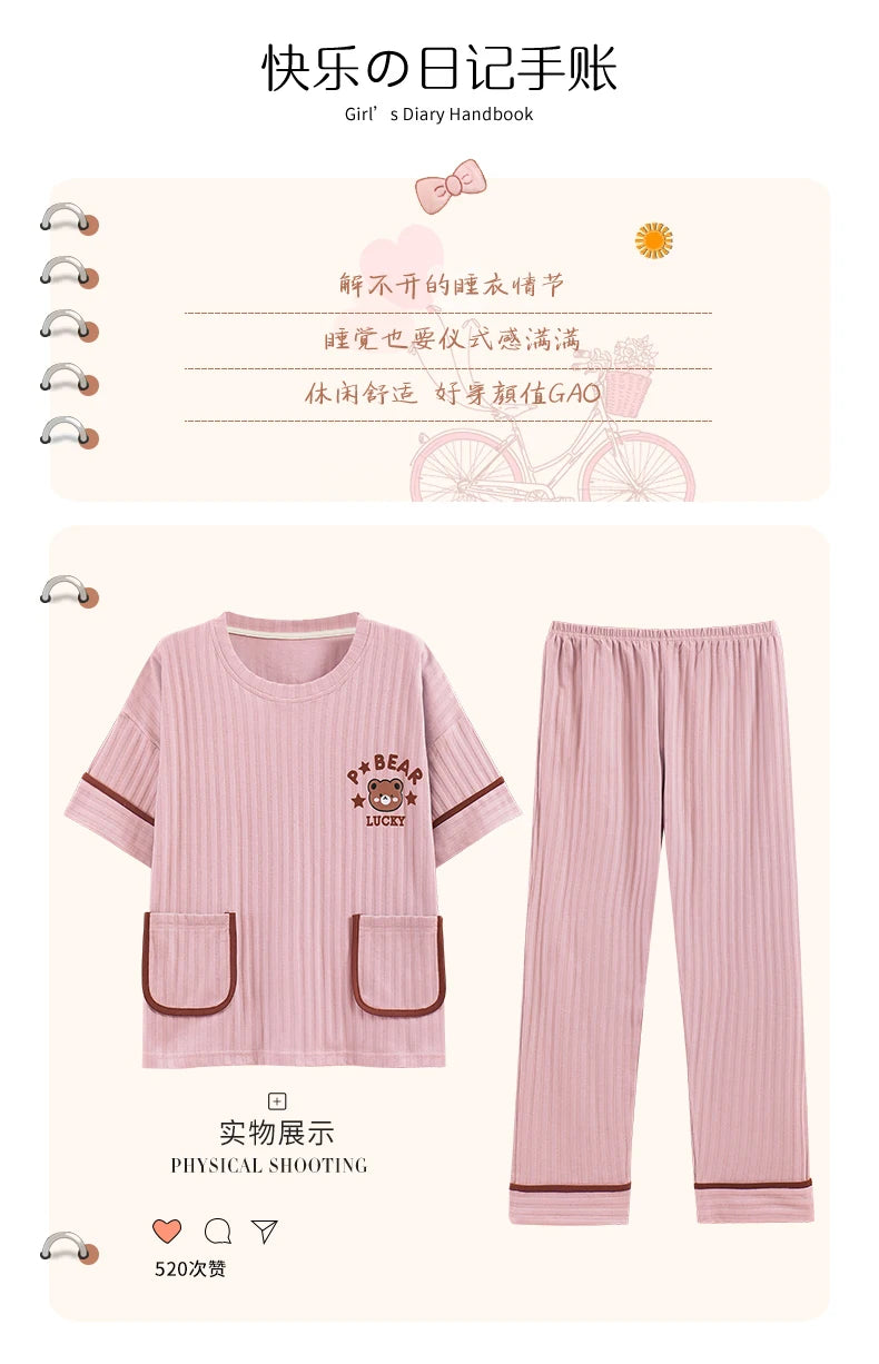 Big Size 5XL Pajama Sets Short Sleeved Cartoon Bear Knitted Pjs Plaid Sleepwear Elegant Women's Pajamas Lounge Home Pijama Mujer