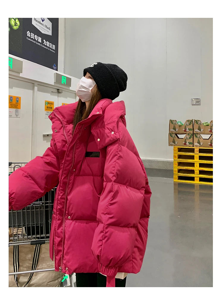 Solid Color Down Jacket Women Hooded Coat Stand Collar Fashion American Streetwear Duck Down Feather Female Winter Short Outwear