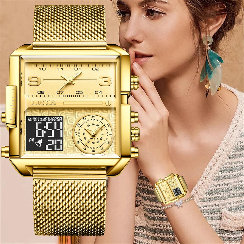 LIGE 2023 New Gold Watch Women Top Brand Luxury Creative Square Watches Ladies Fashion Dual Display Watch Relogio Feminino+BOX