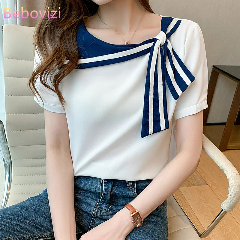 Blusa informal de gasa de estilo coreano para mujer, cuello marinero, color azul oscuro y blanco, para oficina y campus, 2021