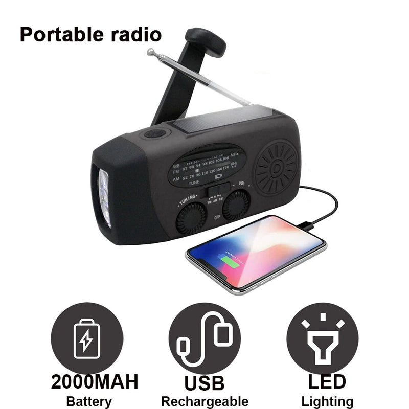 Radio de emergencia multiusos con manivela, solar, recargable por USB, portátil, radio FM, linterna con cargador de baterías para teléfono inteligente