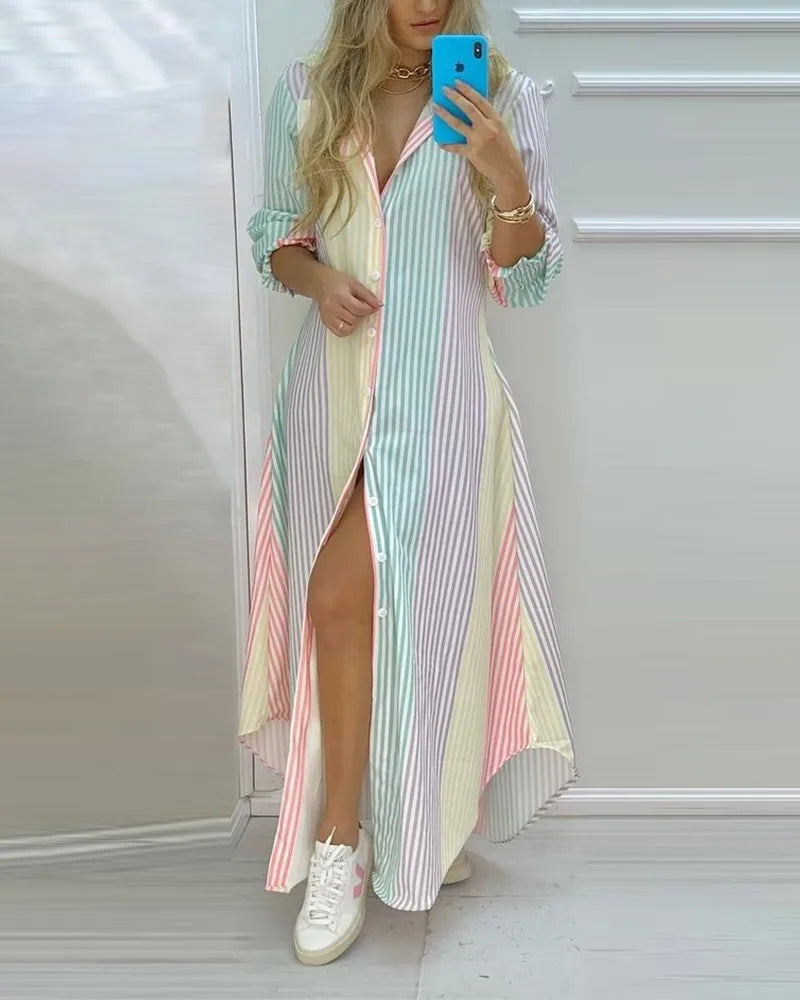 Vestido camisero sexy con falda larga para mujer, moda de primavera y verano