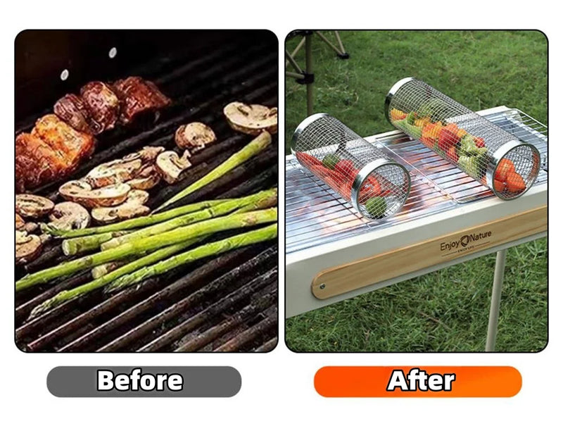 BBQ Basket Stainless Steel Rolling Grilling Basket Wire Mesh Cylinder Grill Basket Portable Round Outdoor Camping Barbecue Rack