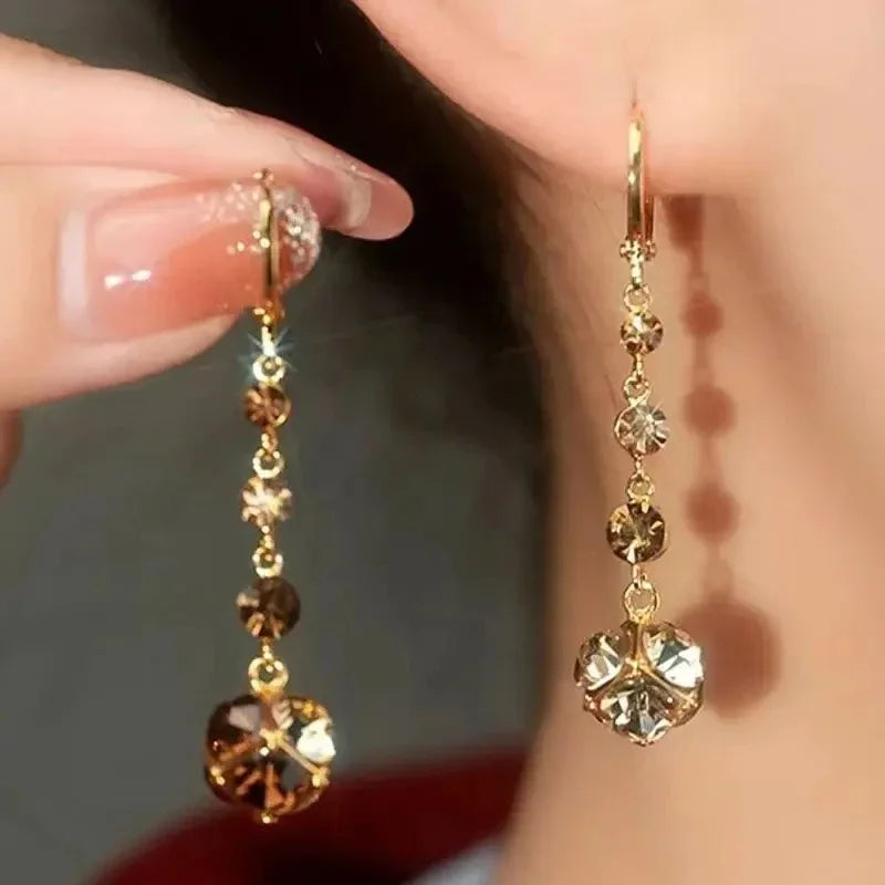 Pendientes elegantes y modernos con borlas de circonita y bola de diamantes de imitación marrones para mujer, accesorios de uso diario, regalos de joyería para fiestas