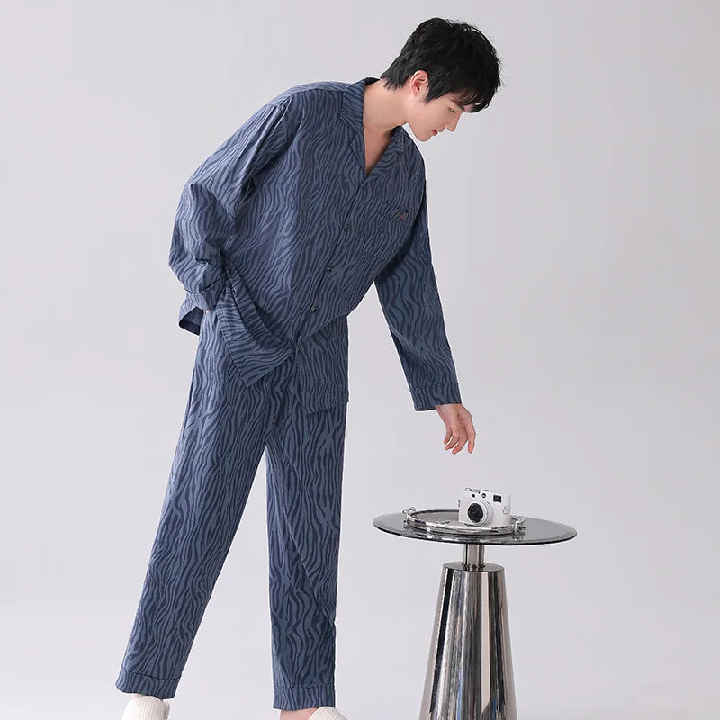 Conjuntos de pijamas para hombre, pijamas de algodón, cárdigan con botones para hombre, ropa de dormir, ropa de dormir de manga larga, chándal informal estampado, pijama para hombre