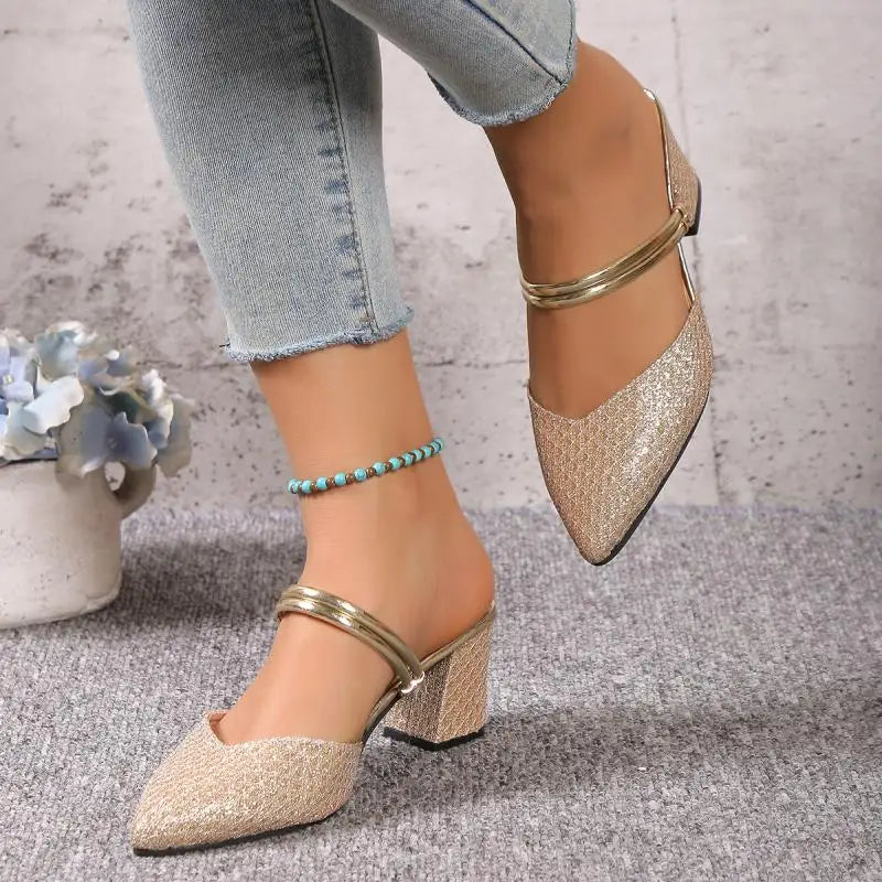 Gold Silver Bling High Heel Pumps Women Fashion Back Strap Slip-On Party Shoes Woman Pointed Toe Slingbacks Thick-Heeled Shoes