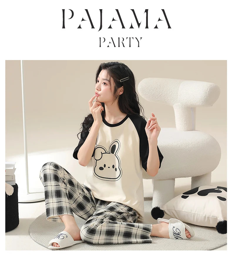 Big Size 5XL Pajama Sets Short Sleeved Cartoon Bear Knitted Pjs Plaid Sleepwear Elegant Women's Pajamas Lounge Home Pijama Mujer